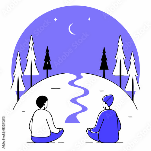 Two people meditating in a serene landscape, peaceful mood, river and trees under a crescent moon