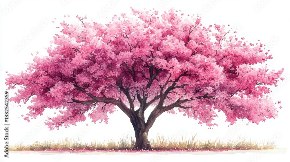Fototapeta premium Hand-Drawn Watercolor Illustration of a Pink Cherry Blossom Tree in Full Bloom