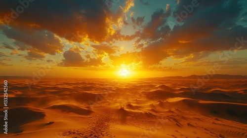 Golden sunset over vast desert dunes