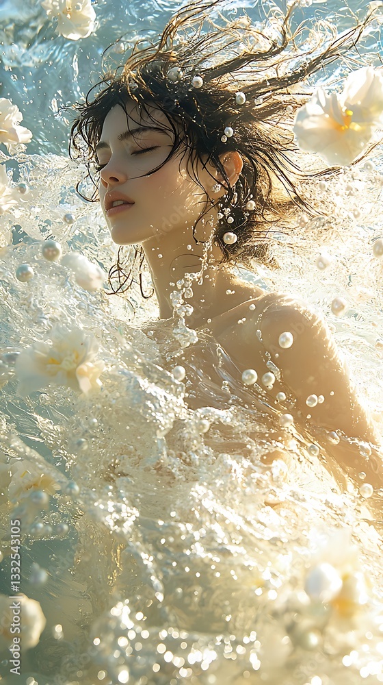 Obraz premium Woman submerged, ocean, flowers, sunlight