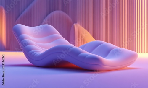 Modern chaise lounge in purple-lit room with abstract background