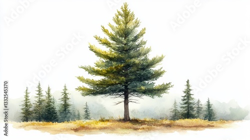 Watercolor Hand-Drawn Cedar Tree in a Scenic Natural Landscape with Gentle Foliage and Serenity