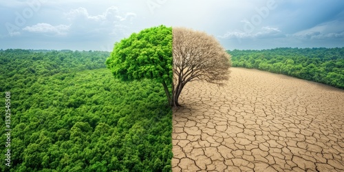 climate change visuals, one side shows a thriving forest, the other barren land, highlighting the difference between climate action and inaction text can be included photo