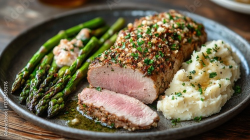 Grilled pork tenderloin with asparagus and mashed potatoes