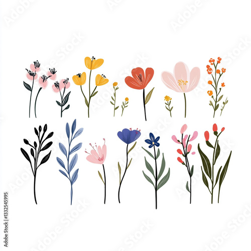 Set of tropical leaves wild flowers green herbs leaves