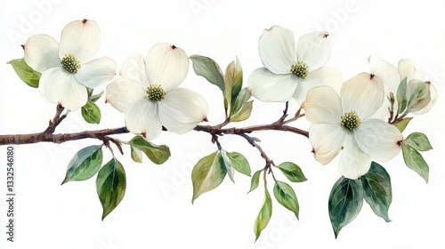 Watercolor Hand-Drawn Dogwood Tree Blooms with Delicate White Flowers and Green Leaves