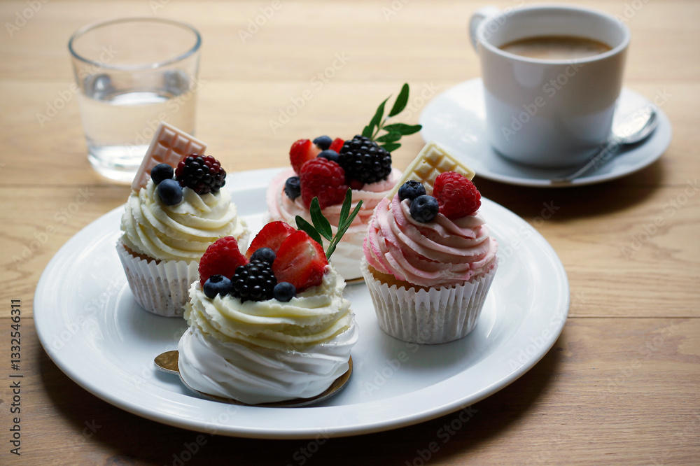 Cupcakes and mini pavlova cakes decorated with fresh berries and white chocolate on a large white plate, a cup of coffee and a glass of water on wooden table. Selective focus. Cupcakes and mini pavlova cakes decorated with fresh berries and white chocolate on a large white plate, a cup of coffee and a glass of water on wooden table. Selective focus.