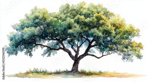 Watercolor Hand-Drawn Elm Tree in Vibrant Green and Natural Landscape Setting