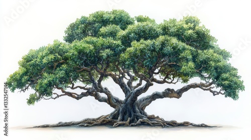 Watercolor Hand-Drawn Illustration of a Majestic Banyan Tree on a White Background