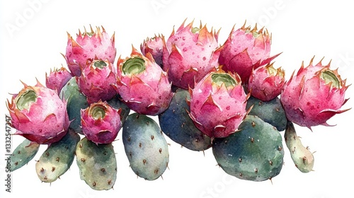 Watercolor Hand-Drawn Illustration of Colorful Pink Dragon Fruit Cactus with Green Spiky Leaves