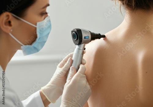 Doctor wearing gloves and mask examining patient's back with dermatoscope, checking for melanoma, in medical clinic
