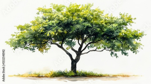 Watercolor Hand-Drawn Mango Tree with Lush Green Foliage on a Light Background