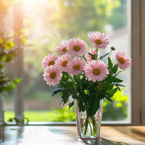 Beautiful bouquet of pink daisies in a clear glass vase with sunlight illuminating the flowers against a serene indoor background with greenery.