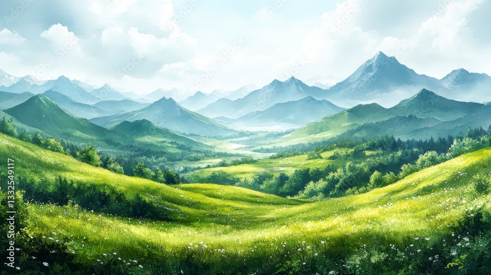 Fototapeta premium Watercolor Hand-Drawn Rolling Hills Landscape with Lush Green Fields and Majestic Mountains
