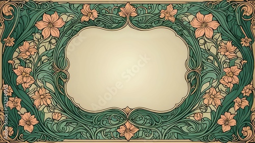 Elegant Art Nouveau floral frame design, perfect for invitations, cards, or decorative projects.  Features intricate foliage and blossoms.