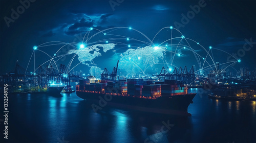 A large ship is in the water with a lot of lights around it