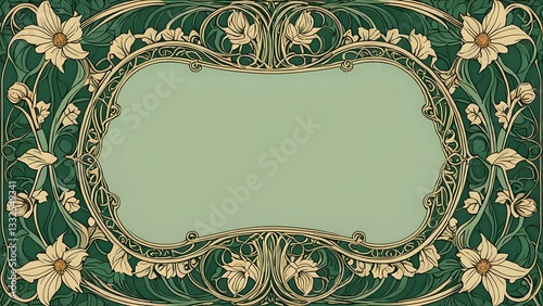 Elegant Art Nouveau floral frame, perfect for invitations, cards, or decorative design projects.  Green and gold color scheme.
