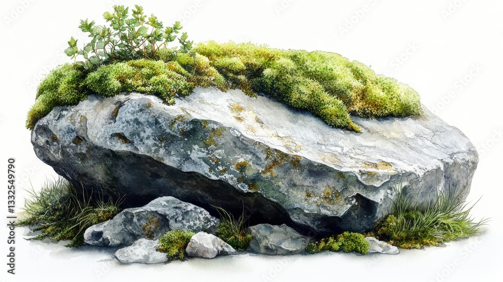 Watercolor Illustration of a Moss-Covered Rock Surrounded by Greenery in a Natural Setting Watercolor Illustration of a Moss-Covered Rock Surrounded by Greenery in a Natural Setting