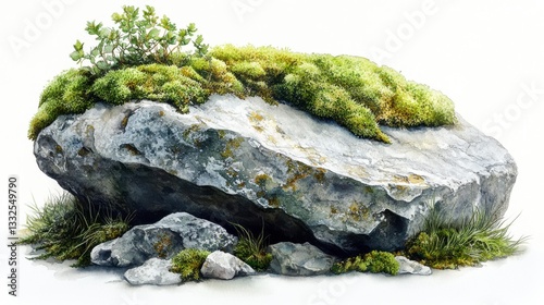 Watercolor Illustration of a Moss-Covered Rock Surrounded by Greenery in a Natural Setting