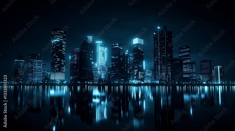 Fototapeta premium Modern skyline with glowing blue skyscrapers.