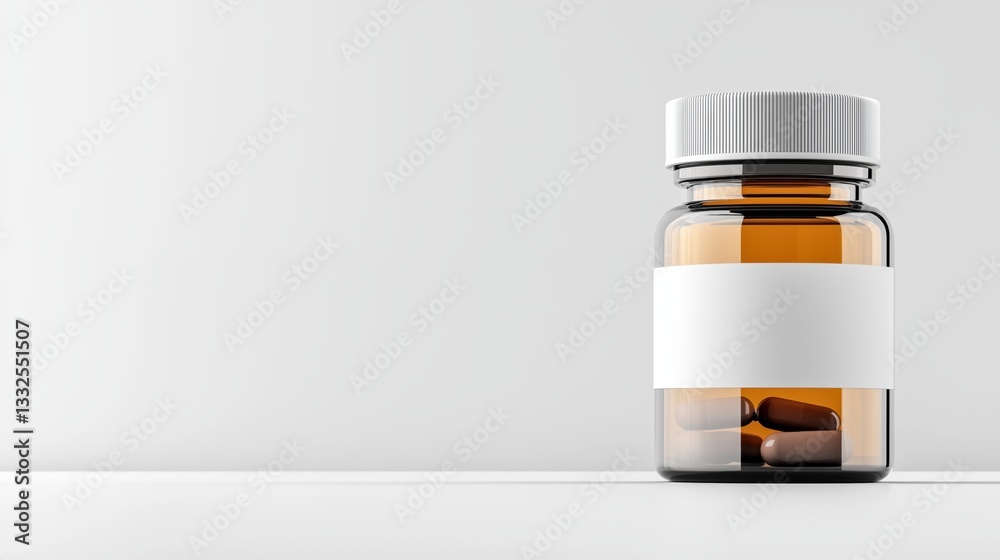 Brown bottle with white label, containing pills. The clean, minimalistic background focuses on the product, making it ideal for pharmaceutical, health, and wellness content. Brown bottle with white label, containing pills. The clean, minimalistic background focuses on the product, making it ideal for pharmaceutical, health, and wellness content.