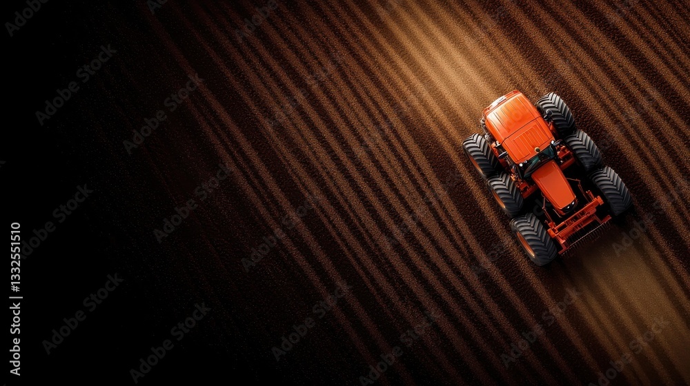 Naklejka premium Aerial View of Agricultural Tractor Tilling Brown Soil Fields