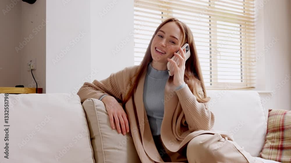 Young woman talking on the phone while relaxing in a cozy living room, enjoying a casual moment at home in daylight Young woman talking on the phone while relaxing in a cozy living room, enjoying a casual moment at home in daylight
