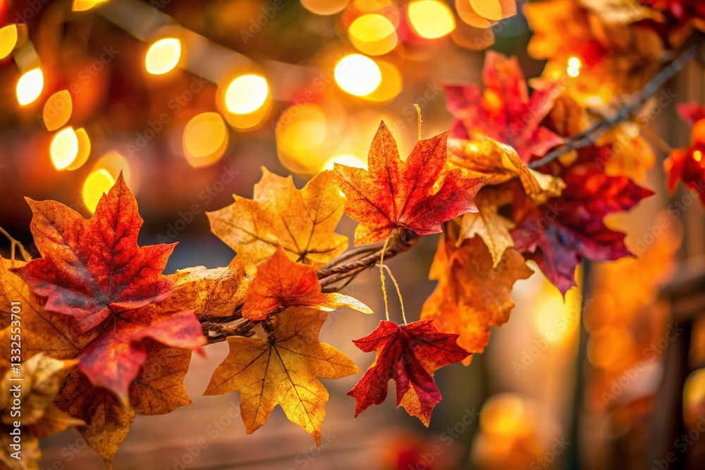 Fototapeta premium Vibrant Autumn Leaf Garland Close-Up: Dried Fall Foliage Decoration