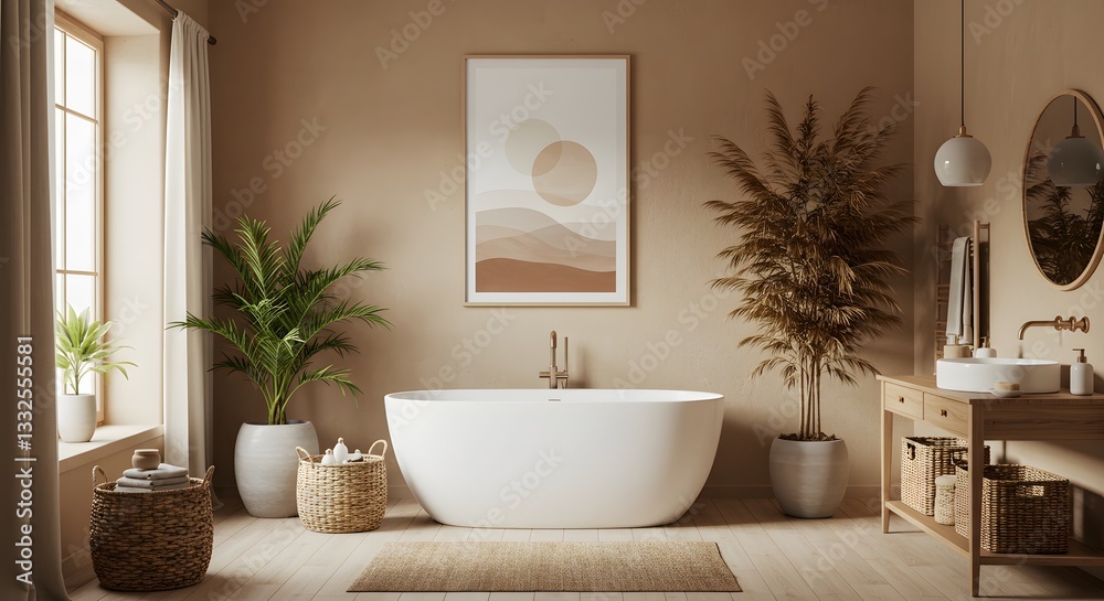 Fototapeta premium Serene Minimalist Bathroom Design: Earthy Tones and Natural Elements
