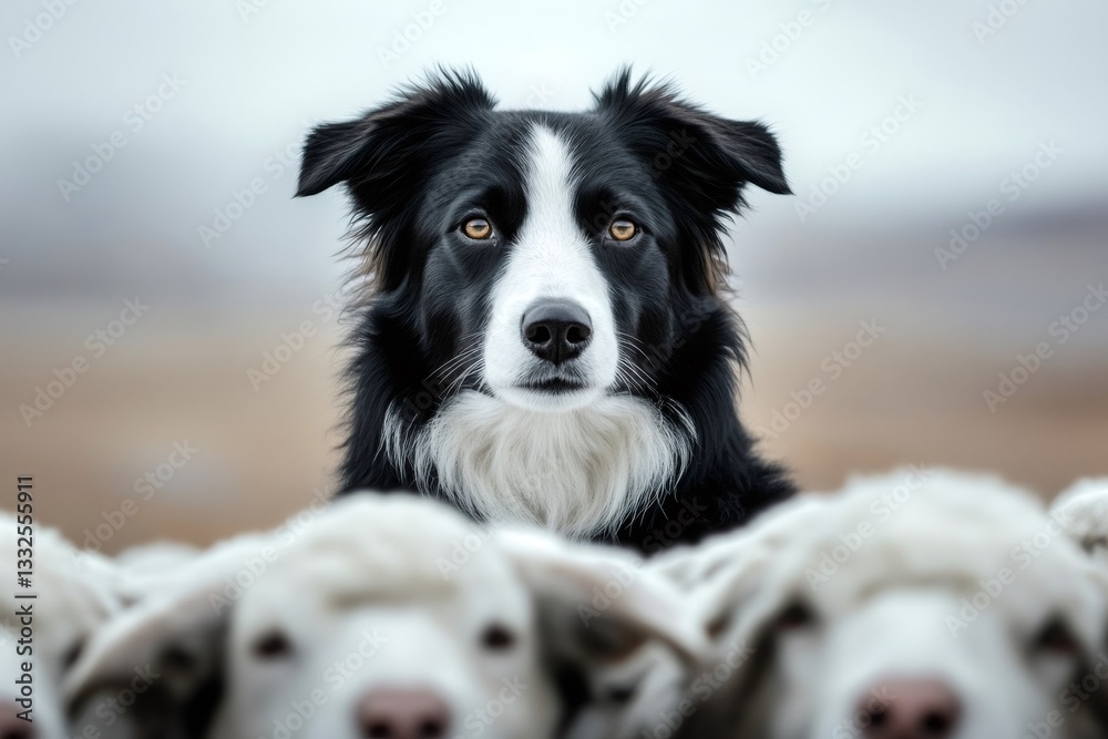 Border collie guarding flock of sheep in open field Border collie guarding flock of sheep in open field
