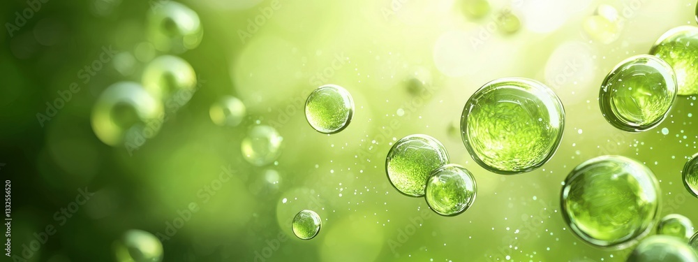 Bubbles Floating in Bright Green Background with Soft Light Effects Bubbles Floating in Bright Green Background with Soft Light Effects