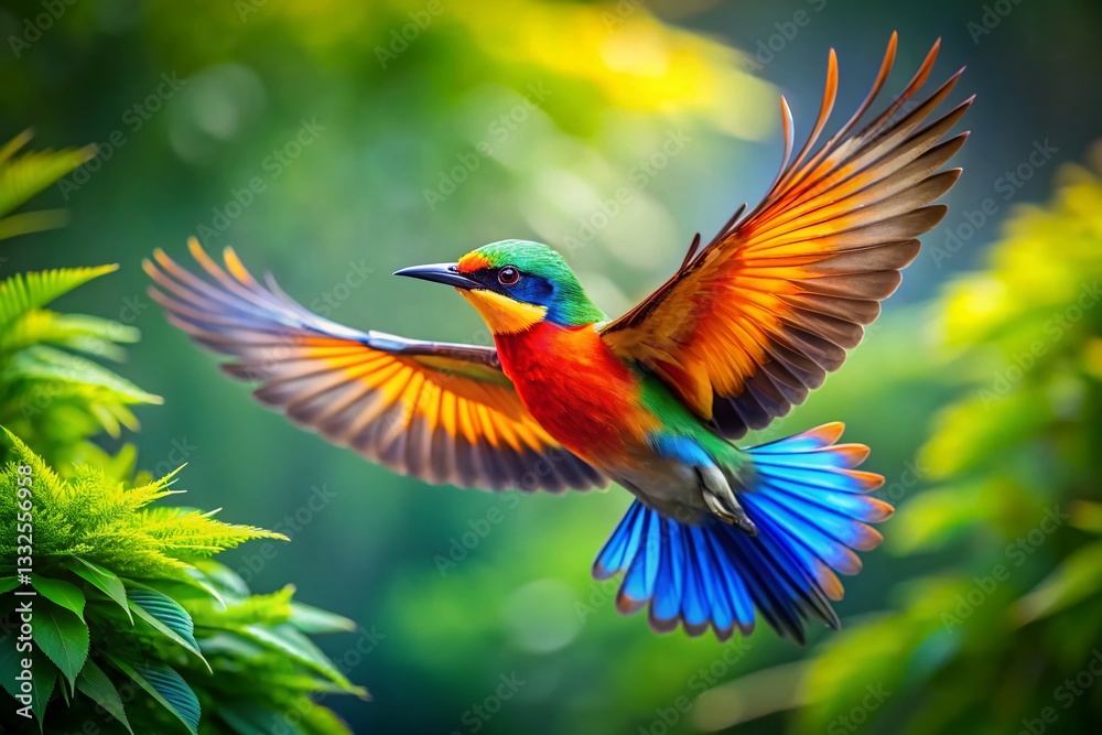 Obraz premium Vibrant Bird in Flight, Lush Green Nature Background - Stock Photo