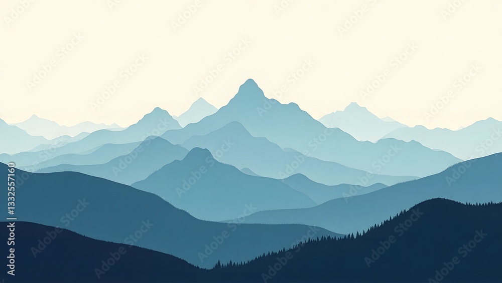 Naklejka premium Serene Mountain Layers in Soft Blue Gradients