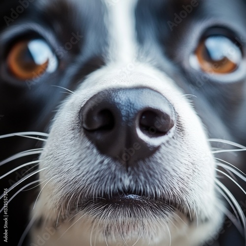 Close-up of a black and white dog with expressive eyes and detailed facial features showcasing curiosity and attentiveness