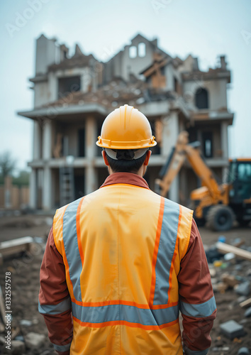 A construction inspector in a hard hat inspects the demolition site of an old building with crumbling structures. Generative AI.