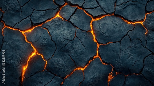 Molten lava flowing through cracked earth.  Intense heat radiating from fissures