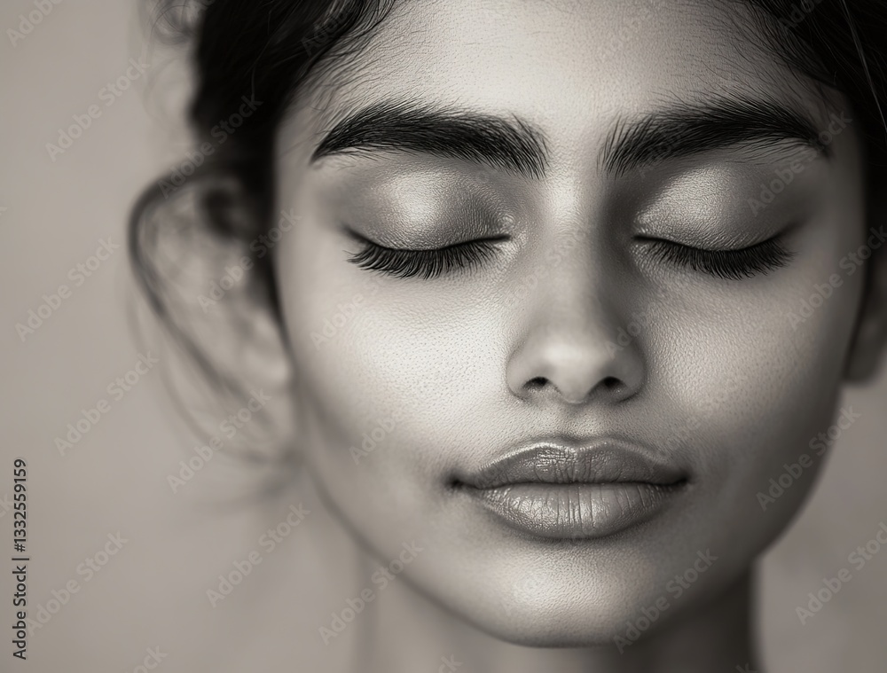 Fototapeta premium Black and white portrait of an Indian woman with closed eyes, close-up shot.