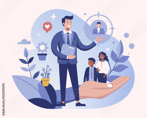 Customer retention, marketing strategy for customer loyalty, employee engagement, recruitment or human resource hiring, consumer care or benefit concept, businessman hand holding customer with care.