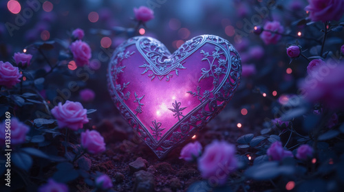 beautiful heart shaped ornament surrounded by pink roses, glowing softly in magical garden