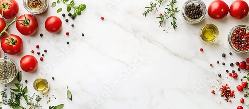 Fototapeta Naklejka Na Ścianę i Meble -   Flat lay of a white marble kitchen counter with food ingredients like tomatoes, herbs, and spices on the sides.