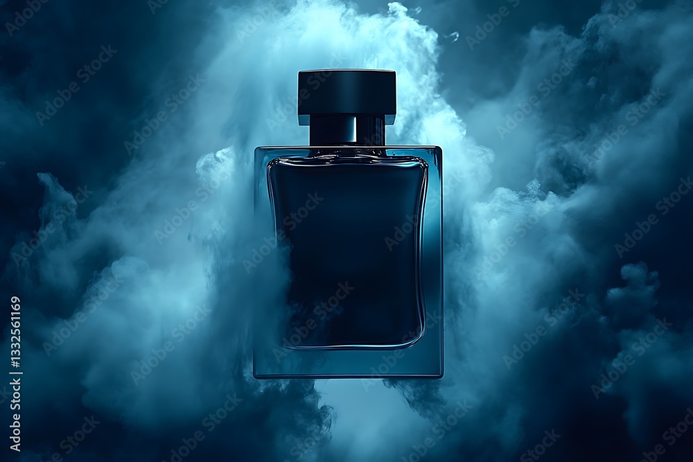 Elegant perfume bottle encased in swirling smoky blue hues of mystery Elegant perfume bottle encased in swirling smoky blue hues of mystery