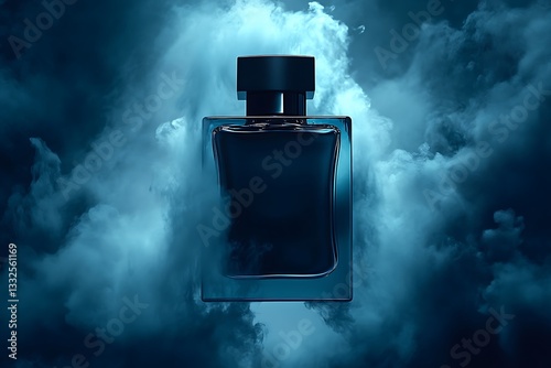 Elegant perfume bottle encased in swirling smoky blue hues of mystery