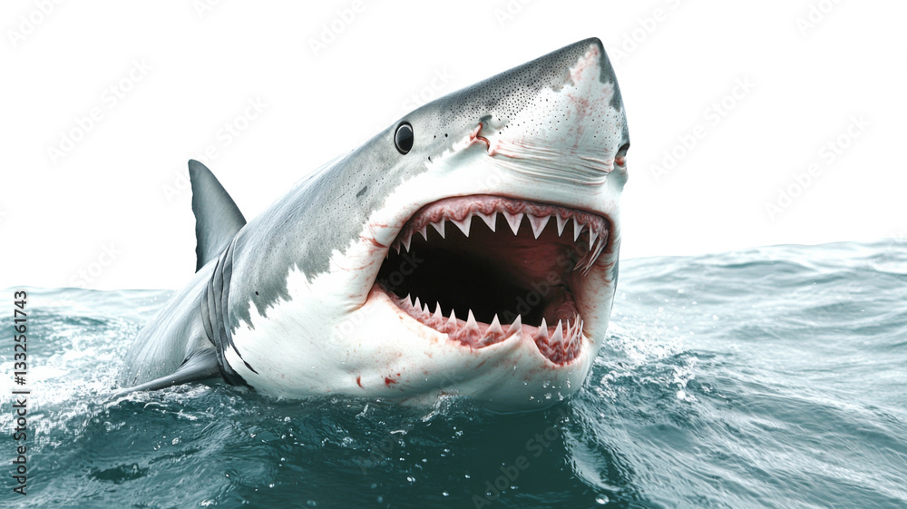Fototapeta premium Great white shark opening its jaws while emerging from the ocean with transparent background