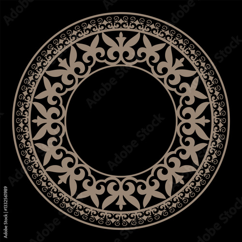 Gold round Asian Kazakh national ornament, persian motif. Ornamental element of Turkic, Kazakh, Kyrgyz, Uzbek, national Asian decor for ceramic, plate, embroidery gold, skullcap, yurt, sandblasting