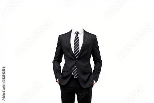 Headless man in black suit with hands in pockets on white background. photo