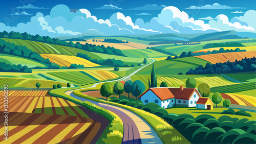 Rural landscape with green fields, road and blue cloudy sky , South Moravia, Czech Republic
