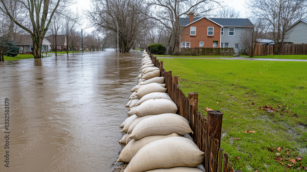 Fototapeta premium Flooded residential street with sandbag barrier protecting homes and property from rising water. Natural disaster emergency response and flood protection concept