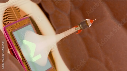 3D rocket launching from computer processor with AI symbol photo