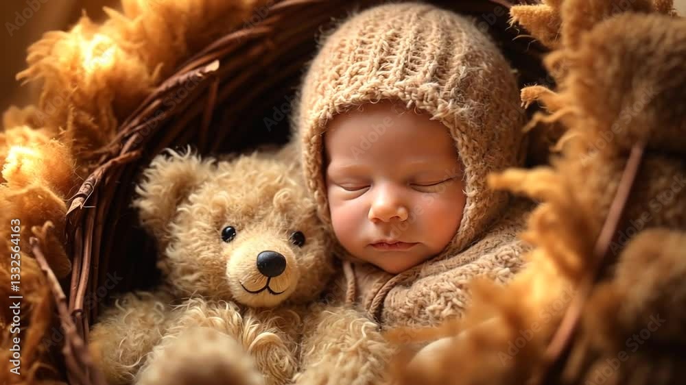 Schlafendes Baby mit Stofftier in Decke