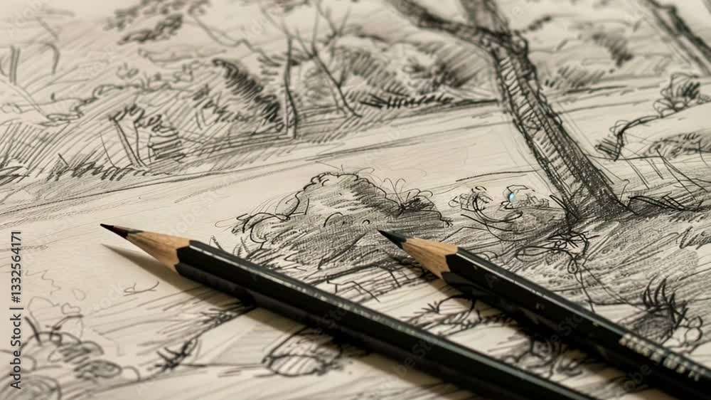 Zeichnung mit Bleistift von Landschaft auf Papier